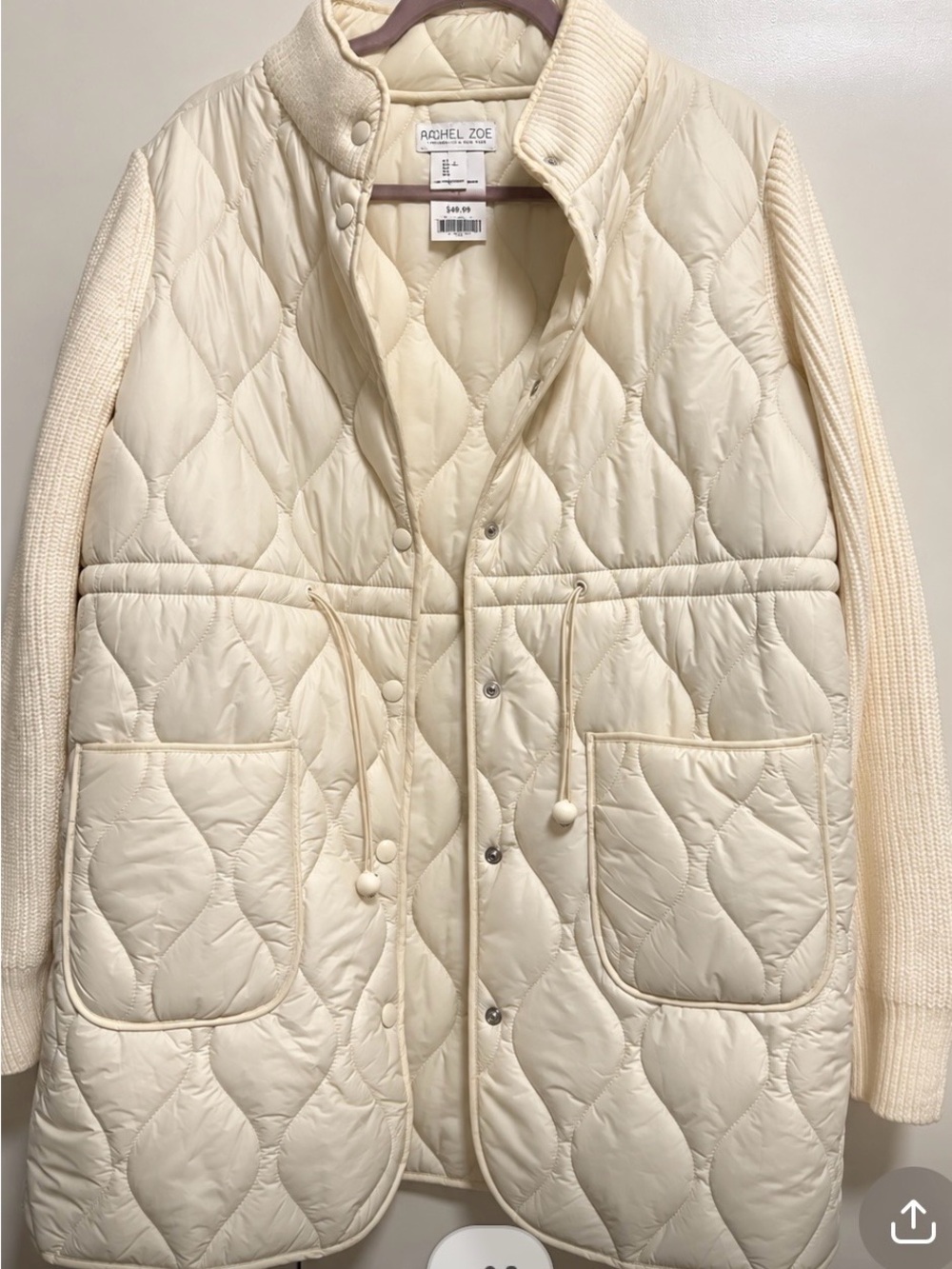 Rachel Zoe Cream Quilted Jacket with Knit Sleeves